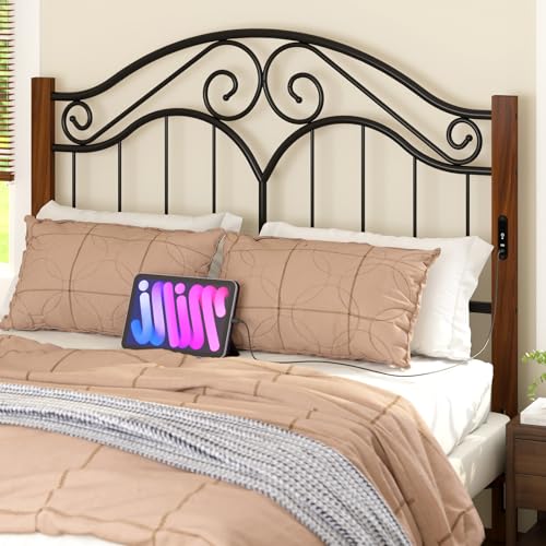 Headboard for Full Size Bed Frame with Charging Station USB & Type C Ports | Vintage Platform Bed Headboard Only,Adjustable,Iron Legs,Easy Assembly,Black - color: Wood Grain+black, size: Full