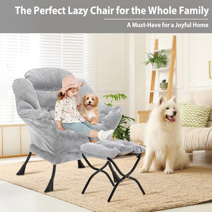 Youtanic Lazy Chair with Folding Ottoman, Accent Chair Plush Upholstered with Metal Structure and Non-Slip Pads, Sofa Armchair with Footrest and Side Storage Bag for Dorm, Room, Office, Light Gray - color: Plush Light Gray