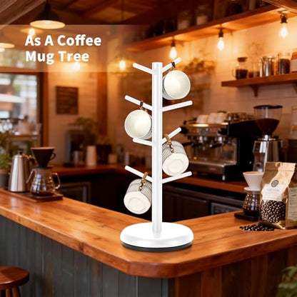 BAMBANG Mug Holder, 360° Rotating Mug Tree Holds 8 Coffee Cups, Space Saving Mug Stand with Stable Base for Kitchen Coffee Bar - color: White