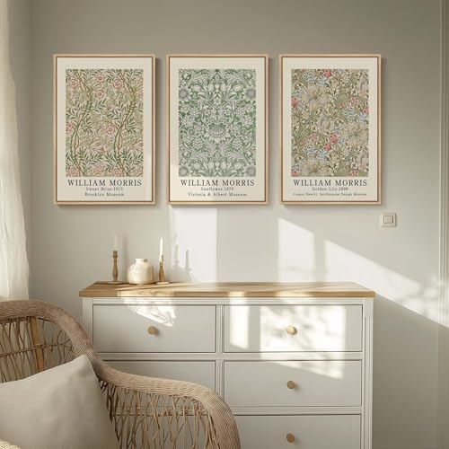 Framed William Morris Canvas Wall Art for Living Room, 3 Piece Large Vintage Sage Green Artwork for Walls Nature Floral Botanical Picture Prints for Bedroom, Hallway, Home Office Wall Decor, 16x24 - color: Sage Green Floral, size: 16"W x 24" H x 3Pcs