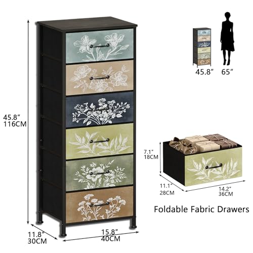 Vintage Dresser Vertical Nightstand with Neutral Botanical Plant Fabric Chest Drawers for Closet Bathroom Storage Tower Unit Bed Side Organizer Farmhouse Rustic (Multi, 6 Drawers) - size: 11.8"D x 15.8"W x 45.9"H (6 Drawers)