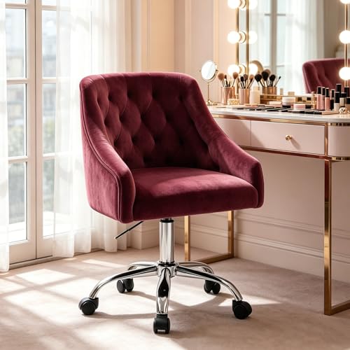 MOJAY Velvet Office Swivel Chair, Vanity Fabric Desk Pretty Fancy Gold Office Chairs for Girls, 360°Swivel Height Adjustable Reception Chair (Burgundy) - color: Burgundy