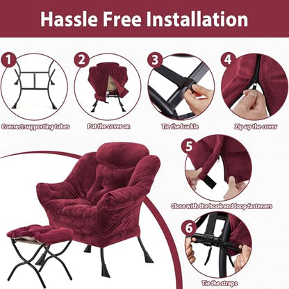 Youtanic Lazy Chair with Folding Ottoman, Accent Chair Plush Upholstered with Metal Structure and Non-Slip Pads, Sofa Armchair with Footrest and Side Storage Bag for Dorm, Room, Office, Rose Red - color: Plush Rose Red