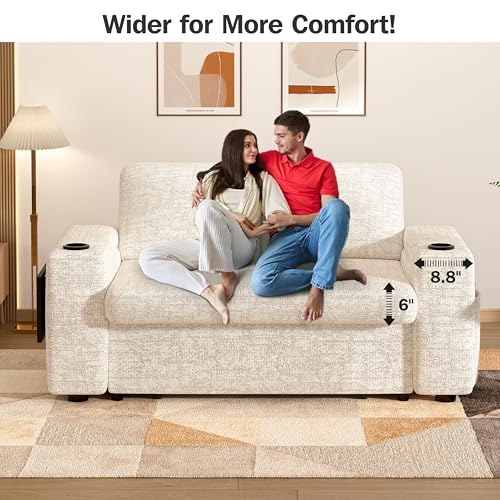 Vipbear 65" Loveseat Sleeper Sofa with Pull Out Bed, Chenille 3-in-1 Convertible Sofa Bed with Reclining Backrest|USB Ports|Cup Holders|Side Table|Storage Armrests, Tool Free Assembly, Beige - color: Beige