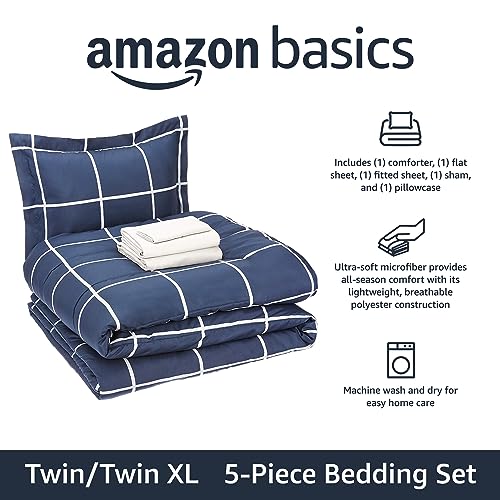 Amazon Basics 5-Piece Lightweight Microfiber Comforter Set with Sheets, Bed-in-a-Bag, Navy with Grey Plaid Bedding, Twin/Twin XL - color: Navy and Grey Plaid, size: Twin/Twin XL, style: 1-Pack