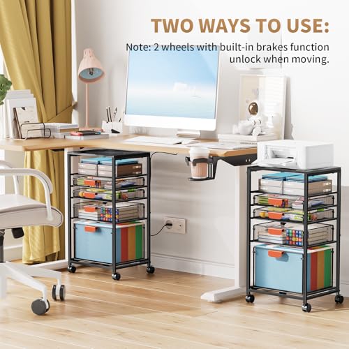 Marbrasse Rolling File Cart with 4 Storage Drawers, Mobile File Cabinet on Lockable Wheels, Hanging Filing Cabinet Organize, Under Desk Utility Cart for Home Office - Dark Brown