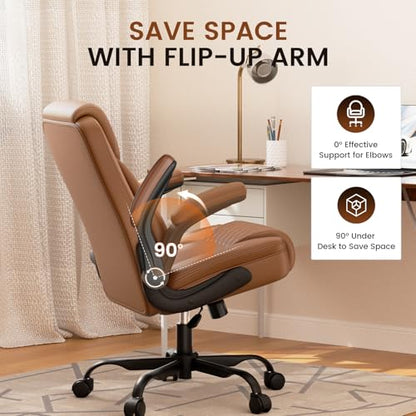 GTPLAYER PU Leather Office Chair, Home Desk Chair with Flip-up Arms, Brown | Ergonomic Back, Comfy Executive Chair for Home Office Gaming, Flexible Rocking, Heavy Duty Chairs - color: Brown
