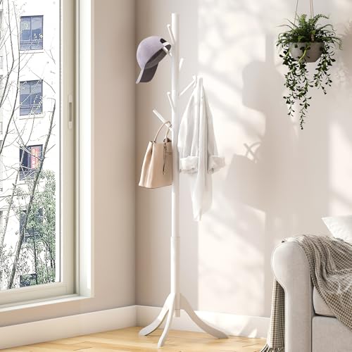 kiplant Coat Rack Stand with 8 Hooks, Adjustable Coat Standing Tree Easy Assembly for Coats, Hats, Scarves and Handbags for Entryway, Hallway, Bedroom, Office (Bamboo, White) - color: White