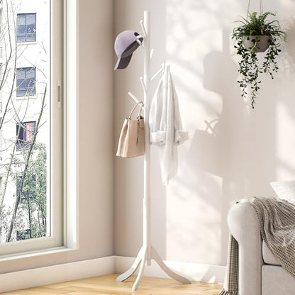 kiplant Coat Rack Stand with 8 Hooks, Adjustable Coat Standing Tree Easy Assembly for Coats, Hats, Scarves and Handbags for Entryway, Hallway, Bedroom, Office (Bamboo, White) - color: White