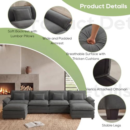 154" Modular Sectional Sofa, Comfy Deep Cloud Couch with Ottoman | U-Shaped Couches for Living Room, Modular Couch, Deep and Wide Seat, Velvet Sofa Sleeper with Throw Pillows, Blue Grey - color: Blue Gray, size: 154 Inch U