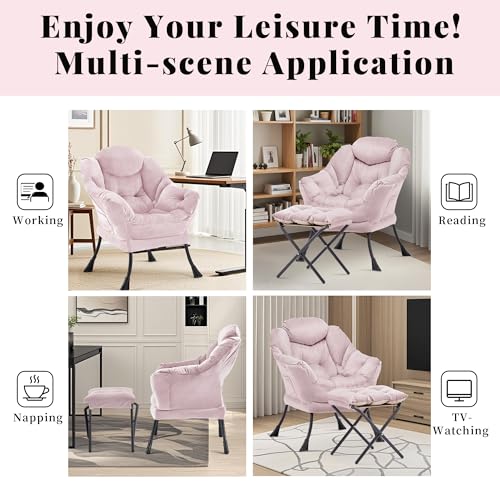Lazy Chair with Ottoman, Comfy Reading Chair, Pink | Cushioned Seat with Foldable Ottoman and Side Pocket, Lounge Chair for Bedroom, Living Room, Dorm and Small Spaces - color: Light Pink