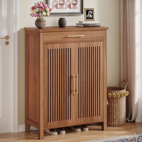 Tribesigns 5-Tier Shoe Storage Cabinet with Adjustable Shelves, Brown | Louvered Doors and Drawer, Freestanding Wooden Shoe Rack, For Entryway, Hallway, Closet - color: Brown