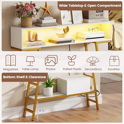 GIANTEX Modern Console Table with Charging Station & LED Lights | 40" Entryway Table with Storage Shelves, 3-Tier Display Shelf for Small Space, Sofa Table for Living Room, White & Gold - color: White + Gold