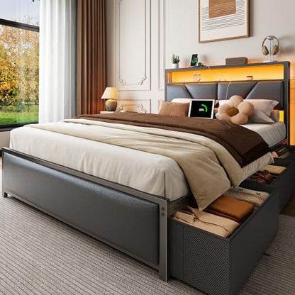 Full Size Bed Frame with Storage Headboard, 6 Drawers, LED&Charging | 2-Tier PU Leather Upholstered Headboard, Charging Station&RGB Lights, No Box Spring Needed, easy assembly, Noise-Free,Black - color: Black, size: Full