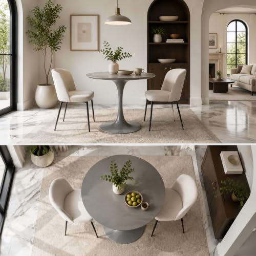 31.5" Grey Round Dining Table, Tulip Pedestal Dining Table for 2-4 | Small Space Dining Table with Grey MDF Round Top, Tulip Pedestal Base, Seats 2-4 for Apartments and Breakfast Nooks - color: Grey