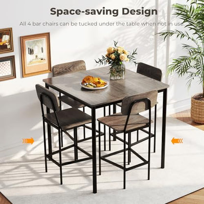NAFORT Counter Height Dining Table Set for 4, Industrial Bar Table and Chairs Set, 5 Piece Square Pub Table with 4 Stools, Space-Saving Kitchen & Dining Room Furniture Set for Pub, Home, Restaurant - color: Grey