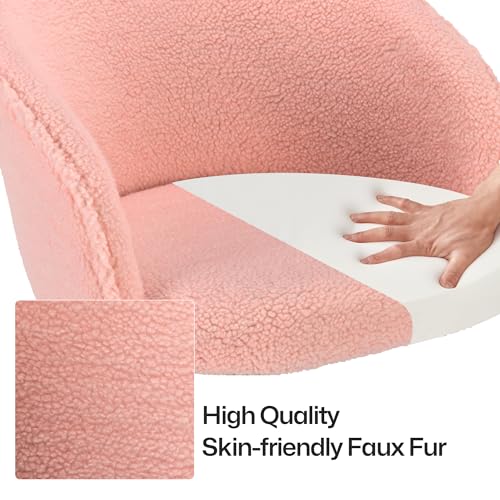 Faux Fur Makeup Vanity Chair,Home Office Desk Chair with Wheels, Blue | Fluffy Swivel Modern Armchair Upholstered Fuzzy Height Adjustable for Teens Women Girls Elegant for Living Room Bedroom - color: Round Pink+golden Base