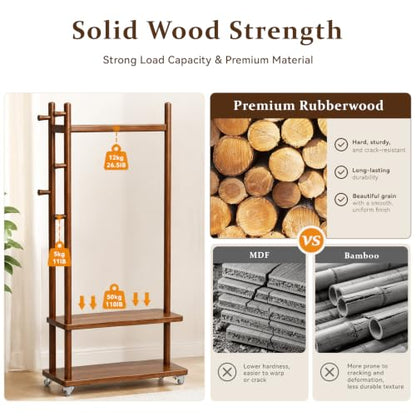 Coat Rack Solid Wood Stand Storage 2 Shelves 4 Hooks Entryway | Hallway bedroom living room office, durable wood construction, freestanding design, coats hats bags storage - size: Walnut - L: 13''Wx 24.8"D x 71"H (With Wheels)
