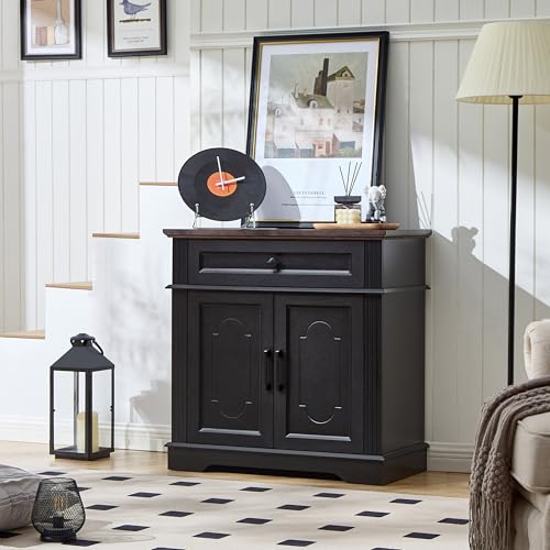 Black Storage Cabinet with 2 Doors and 1 Drawer, Kitchen Pantry Cabinet | Farmhouse Buffet Sideboard Coffee Bar Cabinet Adjustable Shelf, Freestanding Modern Living Room Bathroom Dining Room - color: Black, size: 33"(H) x 31.5"(W) x 15.75"(D)