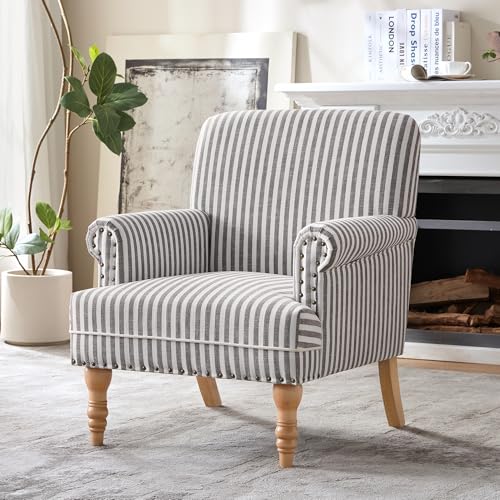 HUIMO Linen Fabric Accent Chair, Mid-Century Modern Upholstered Armchair with Solid Wood Legs, Comfy Reading Club Chair for Living Room Bedroom (1, Dark Grey and White Stripe) - color: Dark Grey and White Stripe
