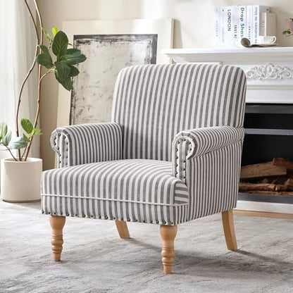 HUIMO Linen Fabric Accent Chair, Mid-Century Modern Upholstered Armchair with Solid Wood Legs, Comfy Reading Club Chair for Living Room Bedroom (1, Dark Grey and White Stripe) - color: Dark Grey and White Stripe