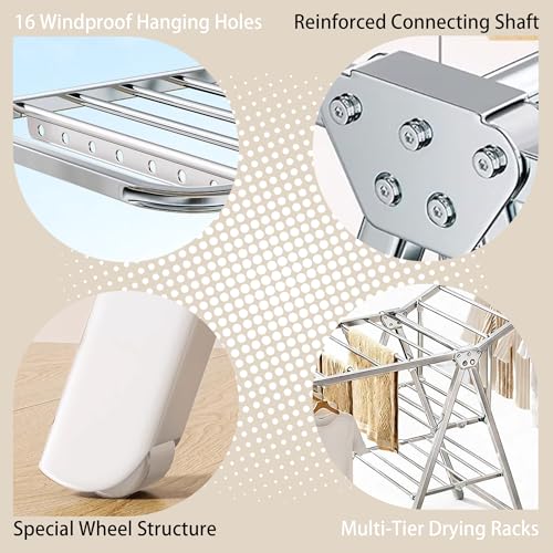 Stainless Steel Foldable Clothes Drying Rack with Adjustable Wings, Windproof Holes & Wheels | Heavy Duty 132 lb Load Capacity | Space-Saving Laundry Rack for Indoor & Outdoor Use