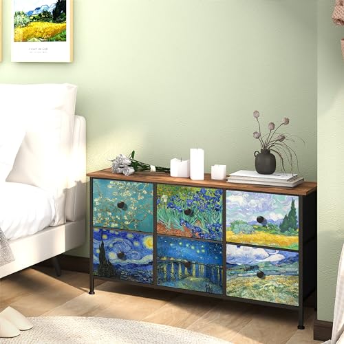 EXOTICA 6 Drawer Dresser for Bedroom Van Gogh Chest of Drawers Wide TV Stands Fabric Storage Drawer Unit for Living Room Entryway Closet Sturdy Steel Frame Wood Top - size: 39"D x 11.8"W x 21.7"H (6 Drawers)