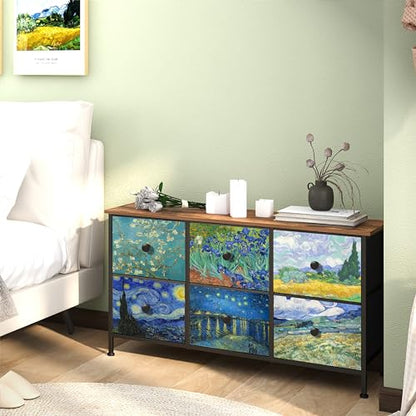 EXOTICA 6 Drawer Dresser for Bedroom Van Gogh Chest of Drawers Wide TV Stands Fabric Storage Drawer Unit for Living Room Entryway Closet Sturdy Steel Frame Wood Top - size: 39"D x 11.8"W x 21.7"H (6 Drawers)
