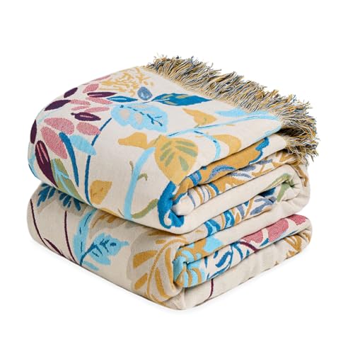 Boho Throw Blanket - 60"x80" Cozy 100% Cotton Throws for Sofa Bed | Twin Size Summer Breathable Muslin, Cozy Soft & Lightweight, Reversible Floral Home Decor, Moisture-Wicking for Hot Sleepers - color: 31-green Plant, size: 60"x80"