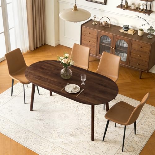 63" Oval Dining Table Set for 4 with Solid Wood Legs | 5 Piece Walnut Dining Table Set for Kitchen and Dining Room Furniture, 4 PU Brown Dining Chairs, Mid Century Modern - color: Walnut Table Brown Chairs