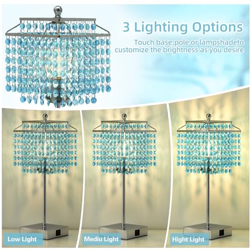 Luvkczc Crystal Table Lamp with Touch Control, Bedside Crystal Table Lamp with USB C+A Ports, Dimmable Lamp for Girls Bedroom, Living Room, Light Blue & B11 LED Bulb Included - color: Light Blue