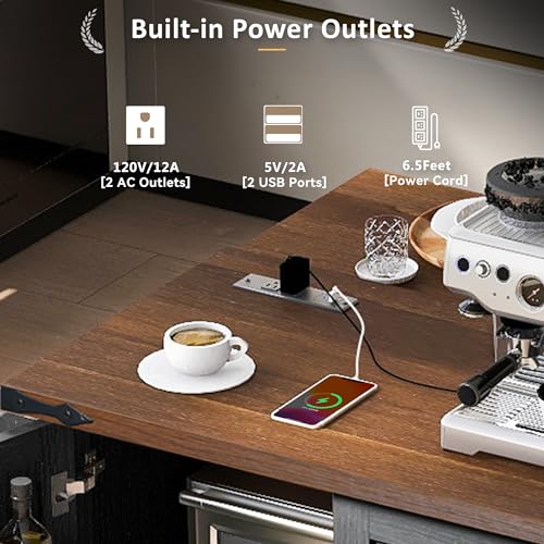 Kitchen Island, Rolling Kitchen Cart with Power Outlet | Built-in power outlet, 2 AC outlets and 2 USB ports, easy charging for coffee maker, juicer, toaster, or devices - color: Black + Particle Board+mdf
