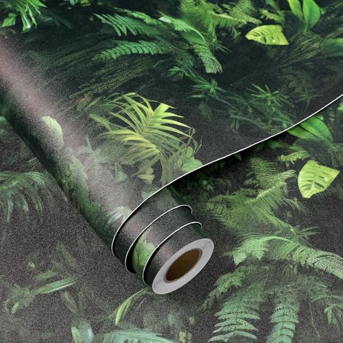 FunStick Dark Green Tropical Wallpaper Peel and Stick Jungle Leaf Wallpaper for Bedroom Bathroom Kids Room Removable Black Green Tropical Contact Paper for Wall Murals Cabinets Waterproof 17.5"x118" - size: 17.5" x 118"