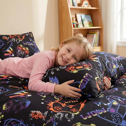 JSD Black Gaming Kids Duvet Cover Set Full Size | 3 Piece Soft Printed Microfiber Duvet Cover with Pillow Shams Zipper Closure, Comforter Not Included, Oeko-Tex Certified - color: Black Gamer, size: Full