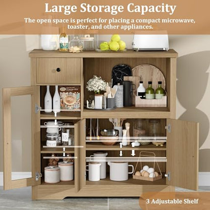 GarveeHome Kitchen Microwave Cabinet with Storage and Drawers, Natural | Modern Small Buffet Cabinet, Glass Doors, Adjustable Shelf, Wooden Sideboard, Wide Top, for Dining Room, Living Room - color: Natural