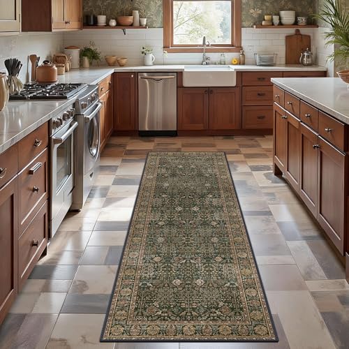2'6" x 8' Kitchen Runner Rug, Washable Non Slip, Dark Green Brown | Vintage Floral, Spill Resistant, Lightweight Low Pile Carpet for Hallway, Bedroom, Laundry Room and Bathroom - color: Dark Green Brown, size: 2'6" x 8' (Rectangular)