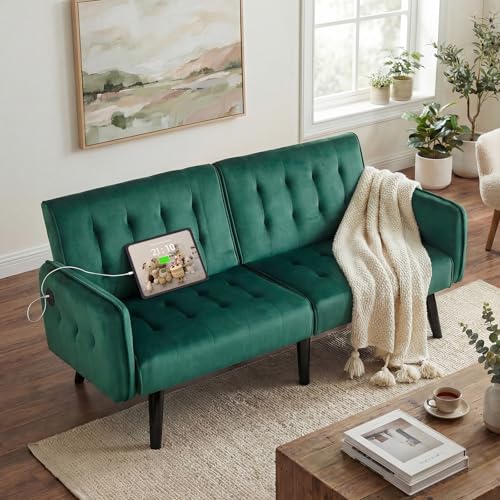 65'' Convertible Futon Sofa Bed with USB, Small Couch for Living Room | Sleeper Sofa and Loveseat, Adjustable Folding Couch with Tufted Design and 2 USB Ports, Bedroom Apartment Office, Green - color: Green