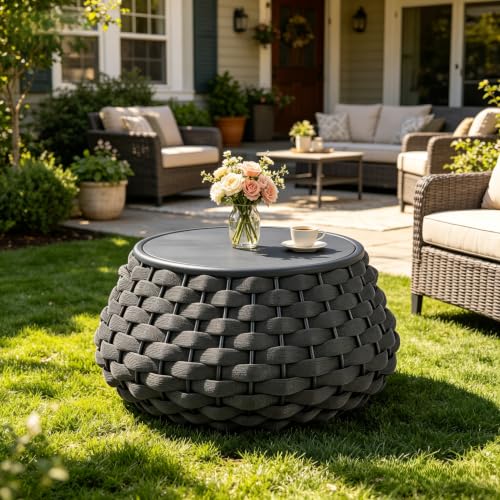 YDcosyfy Large Round Outdoor Side Table, 28 Inches Patio End Table with Removable Wood Top, Outside Coffee Table, All-Weather Metal Frame, Hollow Out Bottom Storage, for Balcony, Porch, Garden, Gray