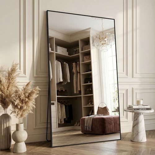Antok 72''x44'' Full Length Mirror, Shatterproof HD Oversized Floor Mirror with Stand, Aluminum Alloy Frame Leaning Standing or Wall Mounted for Bedroom Living Room Entryway, Black, Rect - color: Black-rect, size: 72"L x 44"W