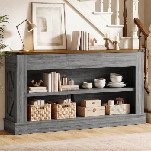 Miereirl 63" Console Table with Drawers & LED Light, Brown & Dark Grey | Narrow Entryway Sofa Table, 3 Storage Drawers & Open Shelves, Behind Couch, Living Room Hallway Foyer - color: Rustic Brown&dark Grey