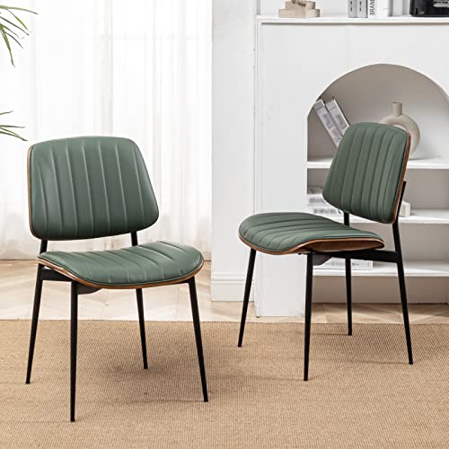 LUNLING Dining Chairs Set of 2 Mid Century Modern Retro Faux Leather Chair with Walnut Bentwood Upholstered Seat Metal Legs Chairs,Adjustable Foot for Kitchen Dining Room Chairs(Green) - color: Green, size: Set of 2