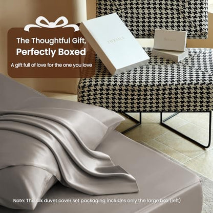 THXSILK Luxury Full Silk Duvet Cover Set 3 Pieces, Extra Soft, Breathable & Cooling Bedding Set, Machine Washable & Durable, 1 Duvet Cover & 2 Pillowcases with Zipper Closure(Grey) - color: Grey, size: Full (3 pcs)
