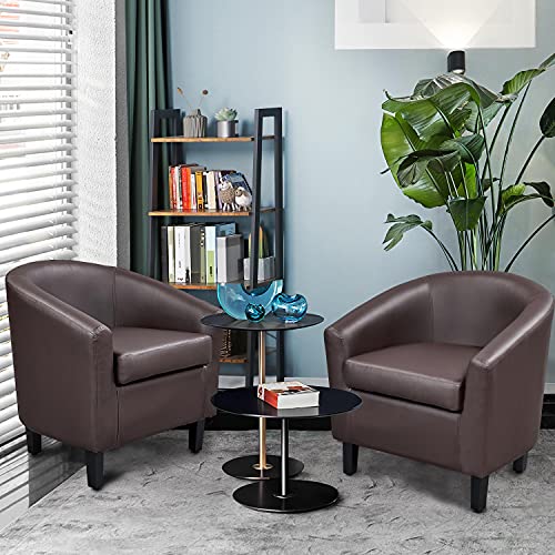 Yaheetech Accent Chairs Set of 2, Faux Leather Barrel Armchairs Espresso | Water-resistant Faux Leather Chairs with High-density Foam and Solid Wood Legs for Living Room, Waiting Room, Small Space - color: Espresso(faux Leather), style: without Ottoman