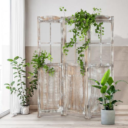GOFLAME 3-Panel Folding Room Divider, 6FT Paulownia Wood Privacy Screen with Mesh Window, Natural Rustic Freestanding Wall Divider Partition for Room Separation, No Assembly Required