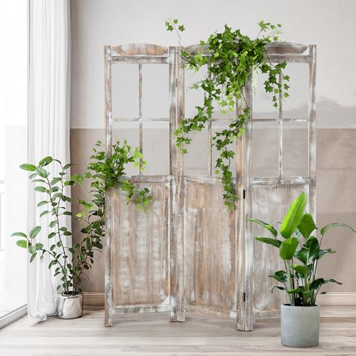 GOFLAME 3-Panel Folding Room Divider, 6FT Paulownia Wood Privacy Screen with Mesh Window, Natural Rustic Freestanding Wall Divider Partition for Room Separation, No Assembly Required