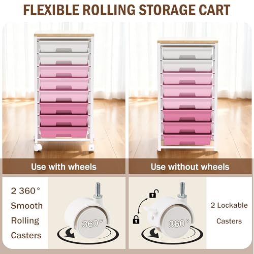 Rolling Cart with 8 Drawers, Storage Drawers Cart with Wooden Tabletop and Lockable Wheels, Craft Storage for Living Room, Office, Classroom, Craft Room, Bedroom - color: Pink
