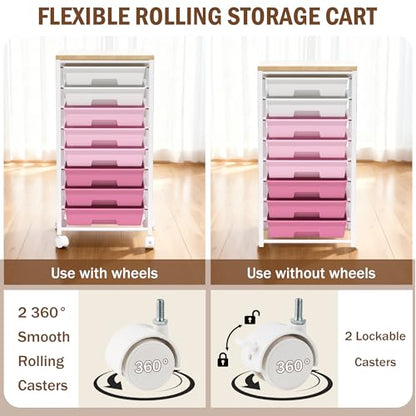 Rolling Cart with 8 Drawers, Storage Drawers Cart with Wooden Tabletop and Lockable Wheels, Craft Storage for Living Room, Office, Classroom, Craft Room, Bedroom - color: Pink