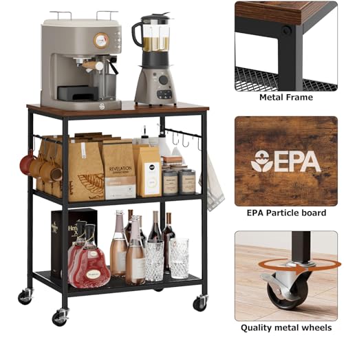 Homleke 3-Tier Rolling Kitchen Microwave Cart, Utility Cart | Coffee Bar Table Station with 6 Hooks, Small Appliance Storage Shelf, Rustic Brown and Black - color: Rustic Brown and Black