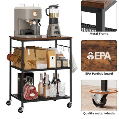 Homleke 3-Tier Rolling Kitchen Microwave Cart, Utility Cart | Coffee Bar Table Station with 6 Hooks, Small Appliance Storage Shelf, Rustic Brown and Black - color: Rustic Brown and Black