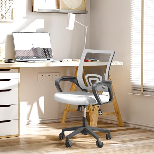 Office Chair, Ergonomic Mid-Back Mesh Desk Chair, White | Lumbar Support, Adjustable Height, Rolling Wheels, Comfy Armrest, For Work, Study, Gaming - color: White